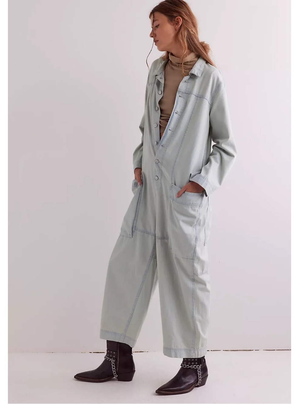 Free People We The Free Margarita Utility Jumpsuit in Light Blue Beam Size Small